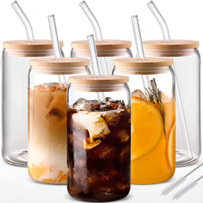 Glass Cups with Lids and Straws 6 pcs. 16 oz-DWTS Cute Tumbler.