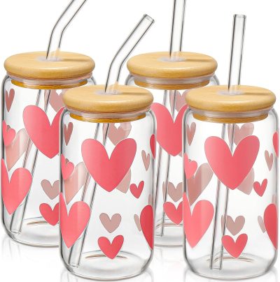 DWTS DANWEITESI Glass Cups with Lids and Straws with Design Pink Hearts 4 pcs.