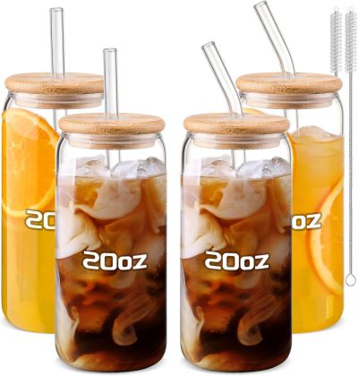 DWTS DANWEITESI Glass Cups 20oz.Glass Cups with Lids and Straws 4 pcs-Coffee Cups.