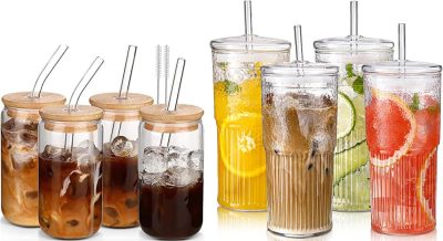 DWTS DANWEITESI Glass Cups with Lids and Straws 4 pcs.
