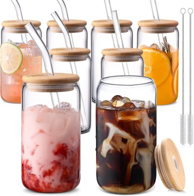 DWTS DANWEITESI Glass Cups with Lids and Straws 8 pcs.16 oz Glass Iced Coffee Cups with Lids-Clear Glass Coffee Cups.