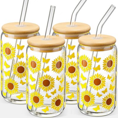 DWTS DANWEITESI Glass Cups with Lids and Straws with Design Sunflower 4 pcs.