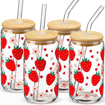 Glass Cups with Lids and Straws with Design Strawberry 4 pcs.