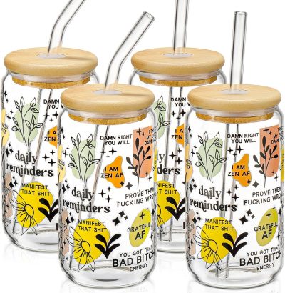 DWTS DANWEITESI Glass Cups with Lids and Straws with Design 4 pcs(Daily Reminder).