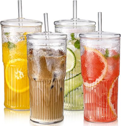 DWTS DANWEITESI Glass Cups with Lids and Straws 4 Pcs.